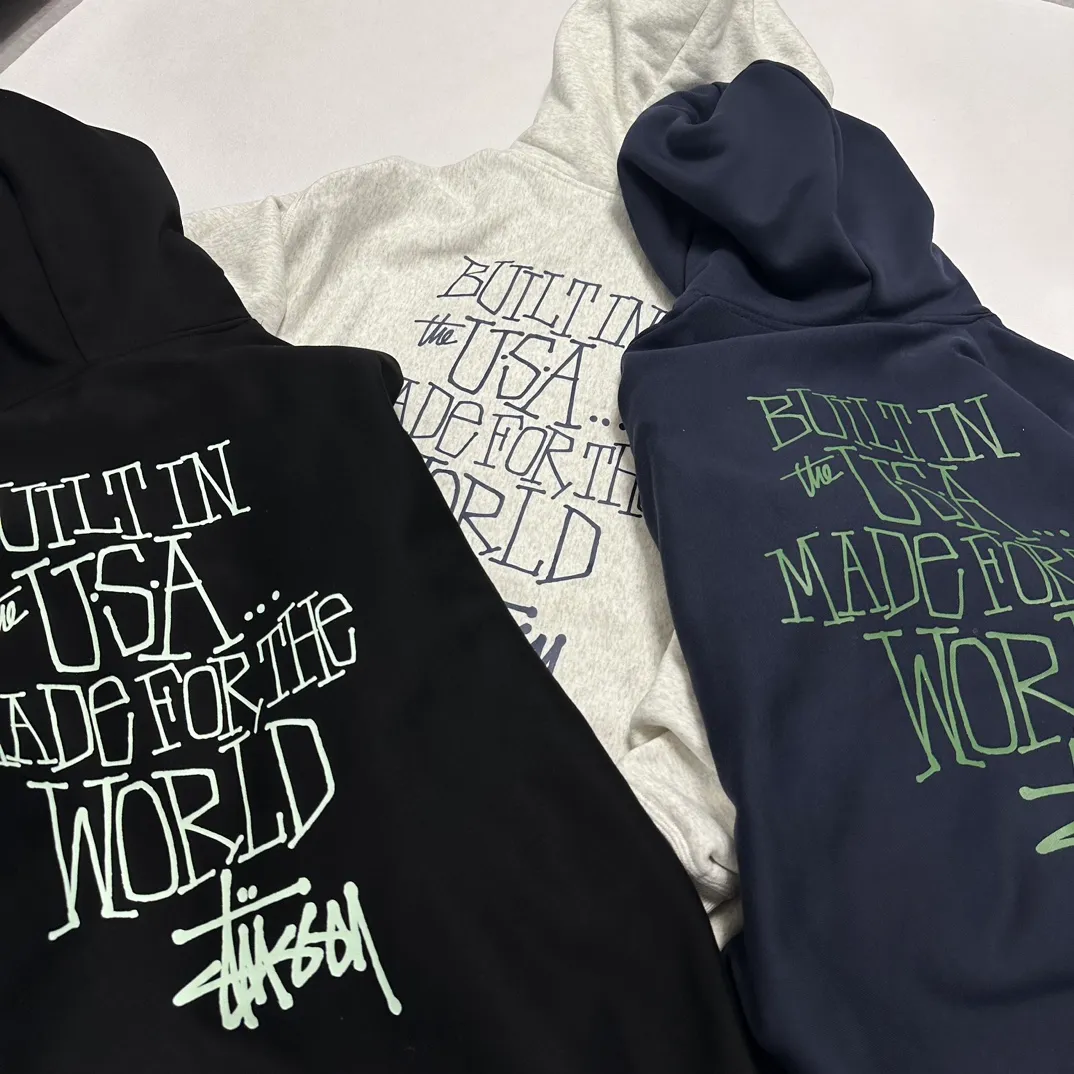 Graffiti word sweatshirt Stussy FW24 BUILT IN USA HOODIE English logo on the back plus velvet hooded sweatshirt/hoodie black gray blue S-XL