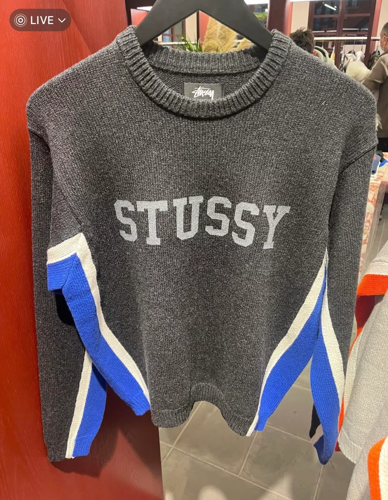 Contrast color patchwork sweater STUSSY FW24 STRIPE CREW Holiday series Jacquard knitted crew neck sweater carbon black M gray M-XL