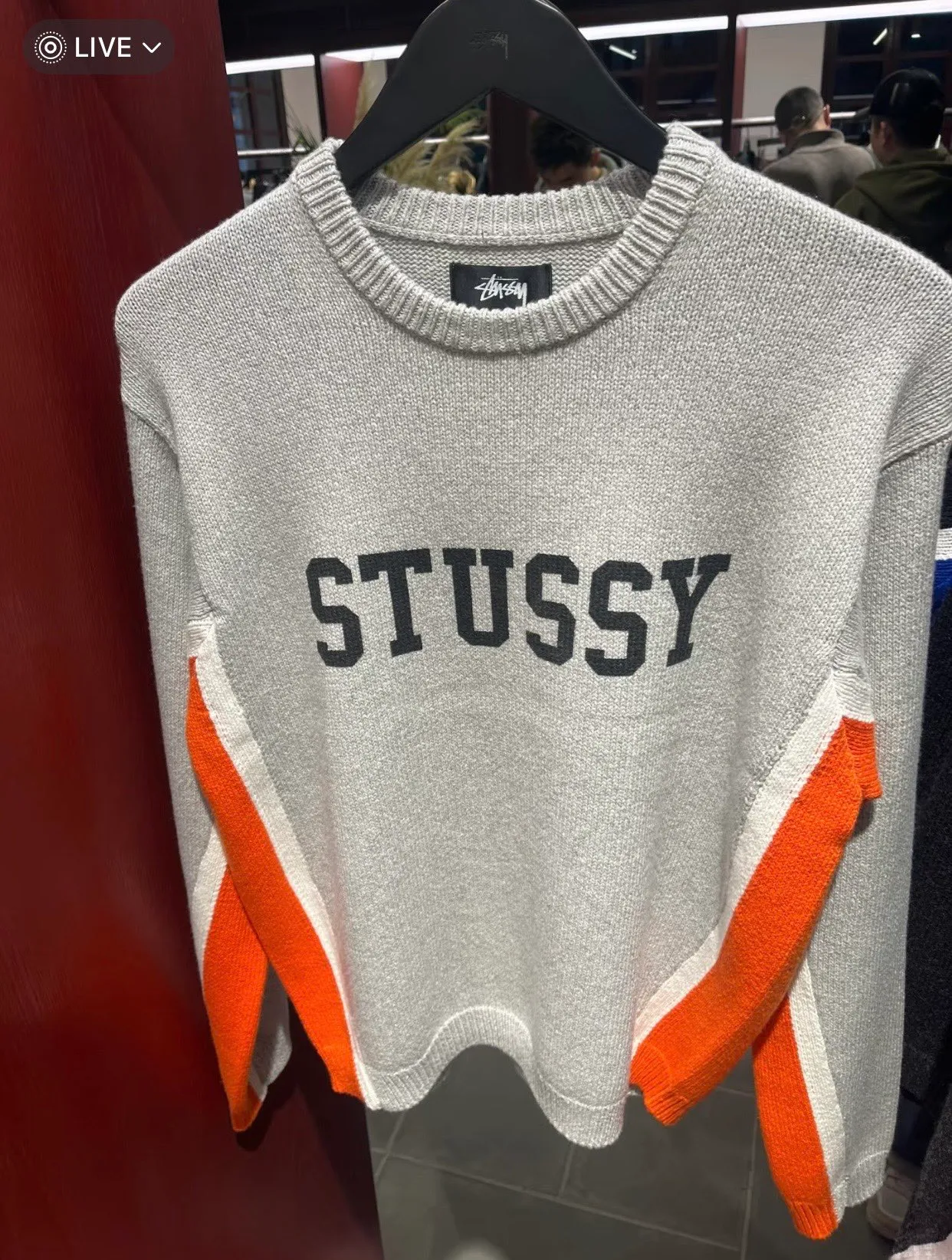 Contrast color patchwork sweater STUSSY FW24 STRIPE CREW Holiday series Jacquard knitted crew neck sweater carbon black M gray M-XL