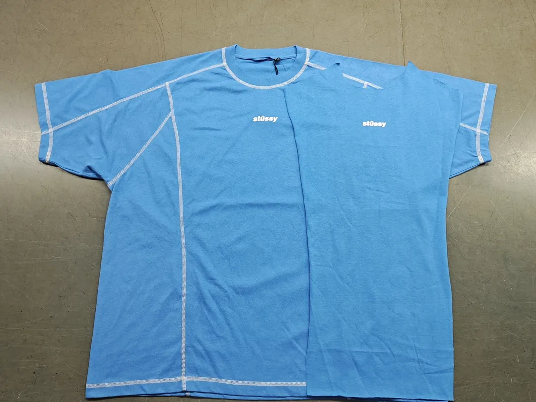 ZP pattern making: Similar to Arc'teryx, this outdoor functional style T-shirt is made of 16-count linen cotton OE fabric, which is thick and durable, has very good moisture-wicking and breathability, and is comfortable to wear without sticking to your body. Like our CARHARTT fabrics, this TEE is characterized by exposed threading, using a four-needle, six-thread sewing process. This process is generally used in functional clothing such as yoga. A good four-needle, six-thread sewing machine generally costs 20,000 yuan, and you can buy 8-10 ordinary sewing machines. There are also a lot of sewing threads on the front and back of this TEE, so the processing fee will be about 3-4 times more expensive than ordinary T-shirts. STUSSY's is a loose fit, which is more casual than Arc'teryx's fitted fit, making it invincible. Also, this mustard yellow and blue one is very suitable for summer wear, but the color changes greatly with the light, making it too colorful when taking pictures. It is impossible to have the same color on the market, you must order it to be woven and dyed. STUSSY SS24 WAVE COTTON CREW TEE top-stitched micro-label T-shirt black, blue, mustard yellow S-XL, original version, same weight 240 grams