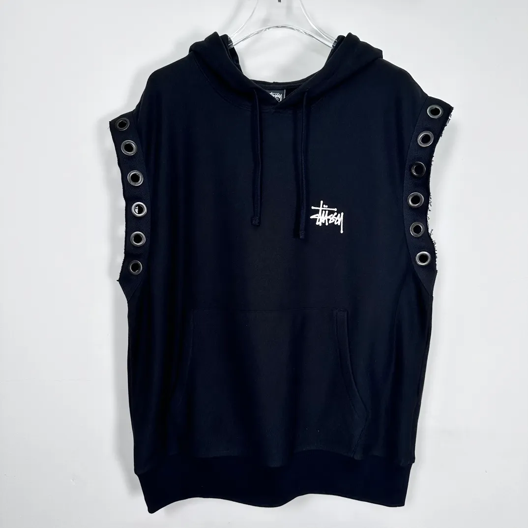 Stussy x JUNYA WATANABE Hooded Vest joint logo eyelet raw edge hooded sweatshirt vest black S-XL