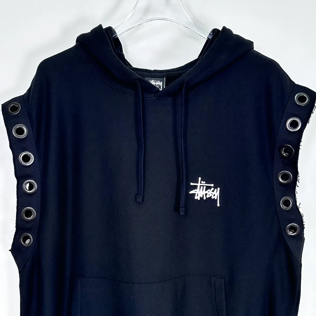 Stussy x JUNYA WATANABE Hooded Vest joint logo eyelet raw edge hooded sweatshirt vest black S-XL