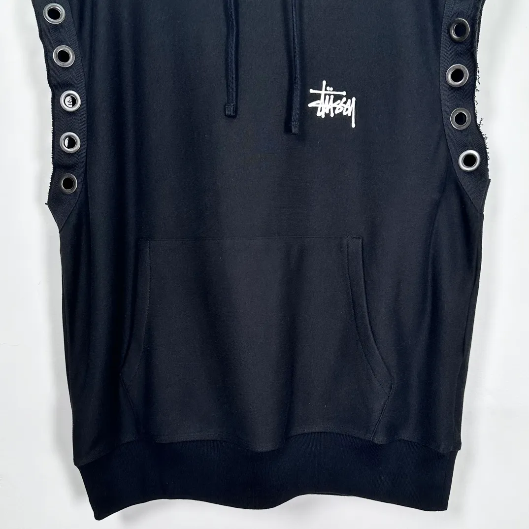 Stussy x JUNYA WATANABE Hooded Vest joint logo eyelet raw edge hooded sweatshirt vest black S-XL