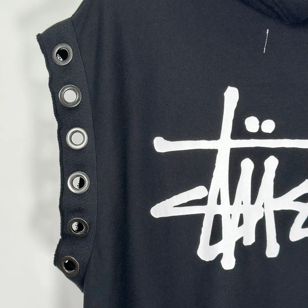 Stussy x JUNYA WATANABE Hooded Vest joint logo eyelet raw edge hooded sweatshirt vest black S-XL