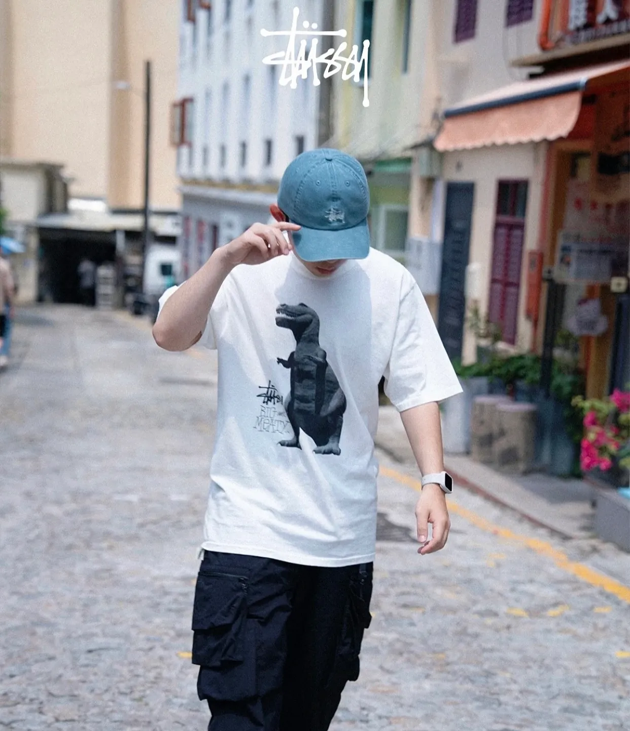 Tyrannosaurus Rex T-shirt STUSSY SS25 BIG & MEATY TEE PIGMENT DYED Dinosaur pattern short-sleeved black and white S- XL