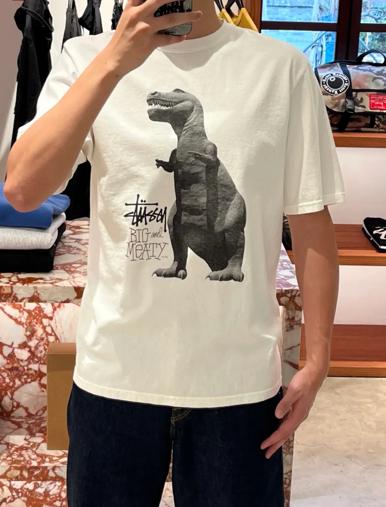 Tyrannosaurus Rex T-shirt STUSSY SS25 BIG & MEATY TEE PIGMENT DYED Dinosaur pattern short-sleeved black and white S- XL