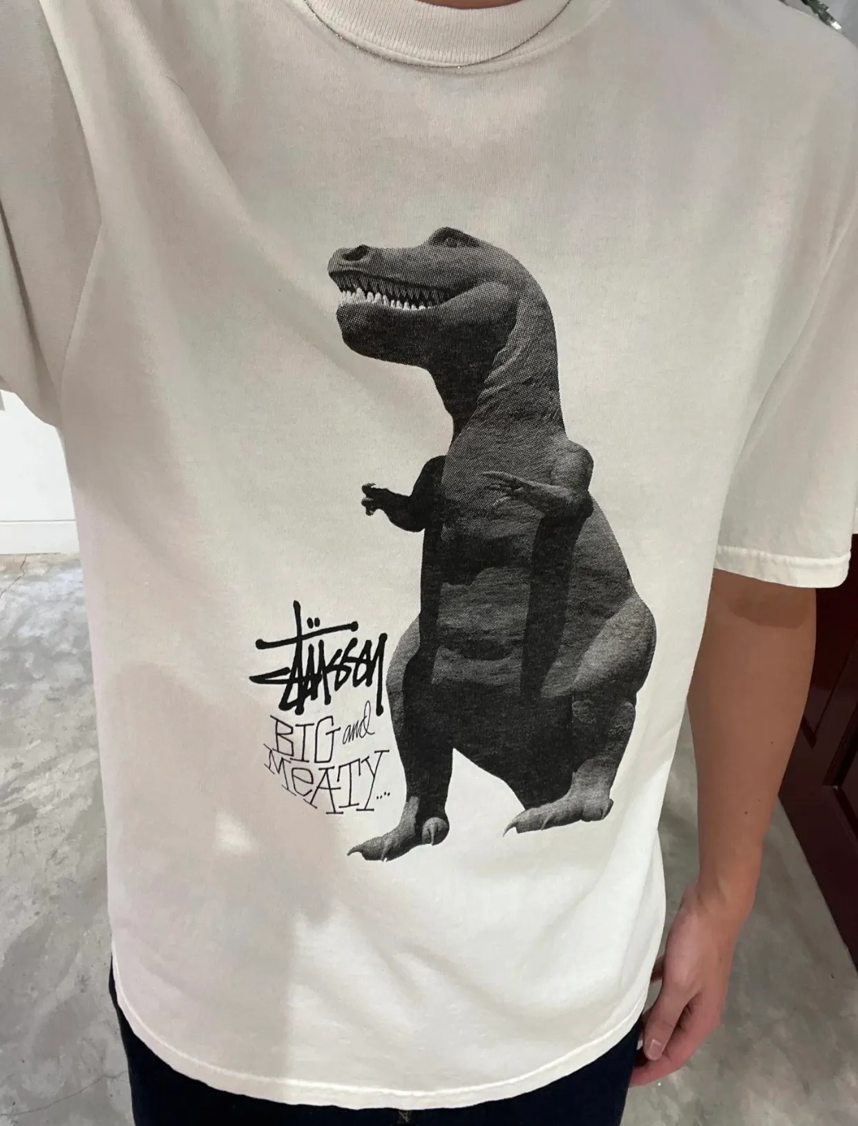 Tyrannosaurus Rex T-shirt STUSSY SS25 BIG & MEATY TEE PIGMENT DYED Dinosaur pattern short-sleeved black and white S- XL