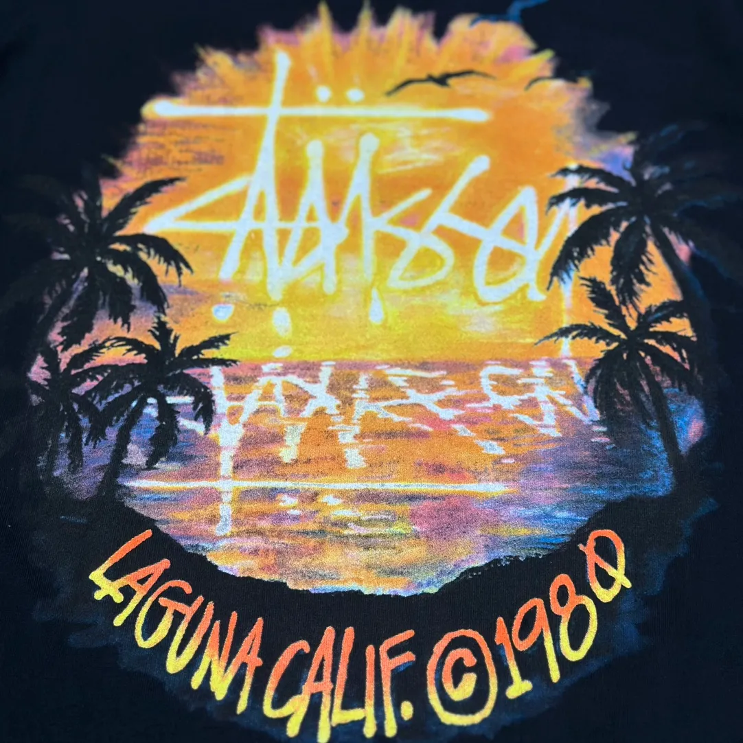 STUSSY SS24 SUNSET TEE Sunset Coconut Beach View T-shirt Black and White S-XL