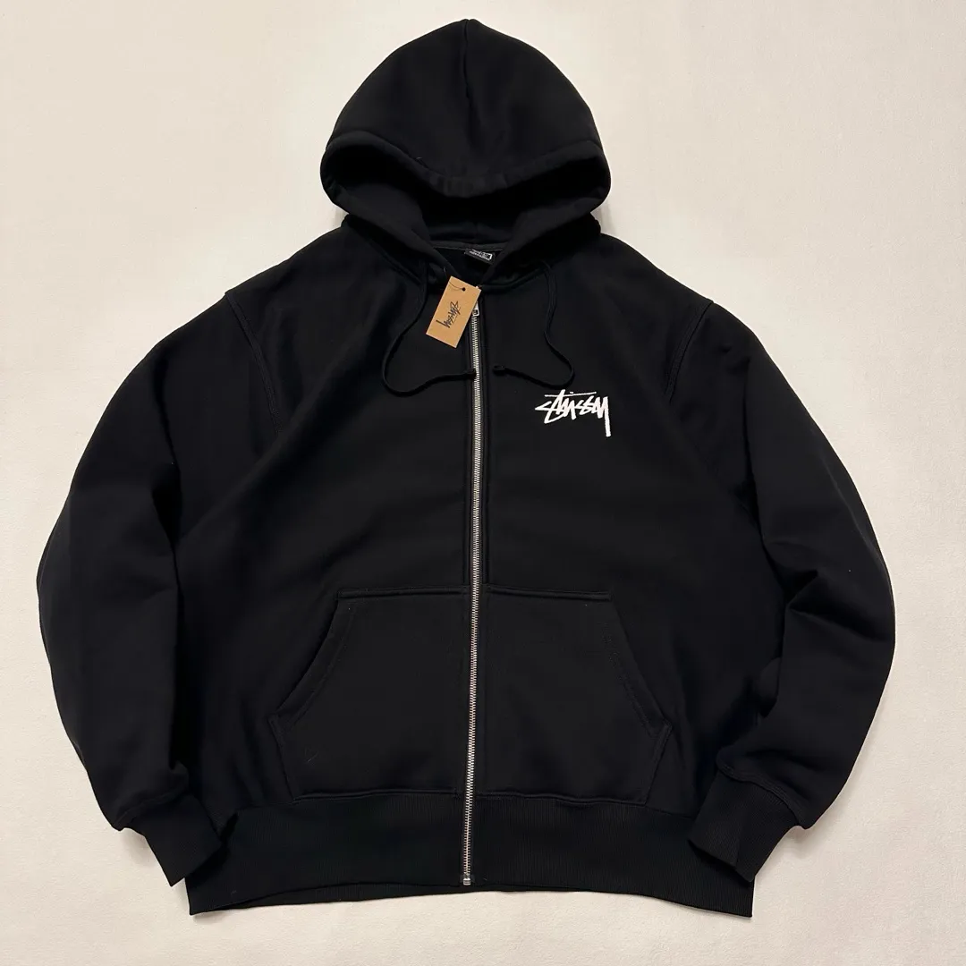 Stussy City Limited Series New York Letter Logo Printed Velvet Zipper Hooded Sweatshirt Black S-XXL