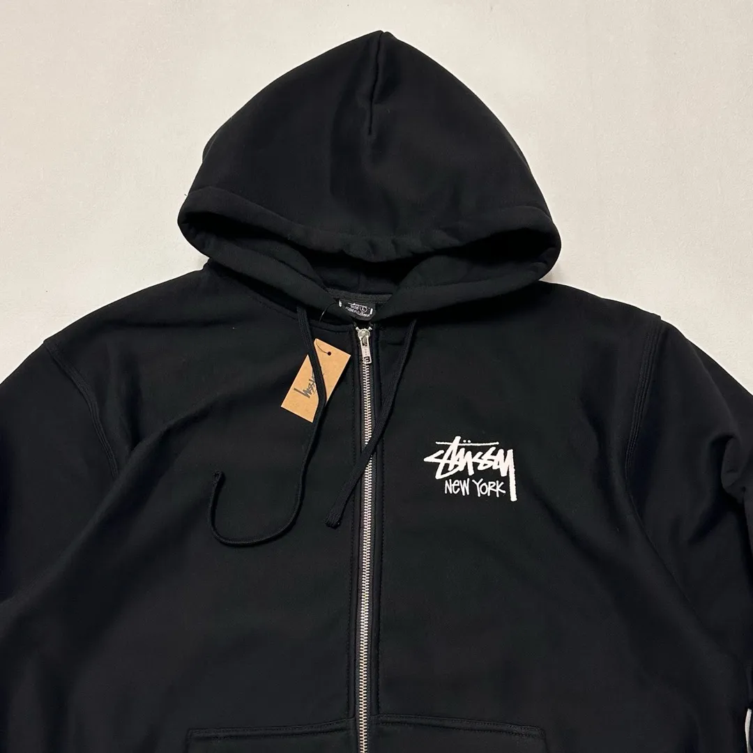 Stussy City Limited Series New York Letter Logo Printed Velvet Zipper Hooded Sweatshirt Black S-XXL