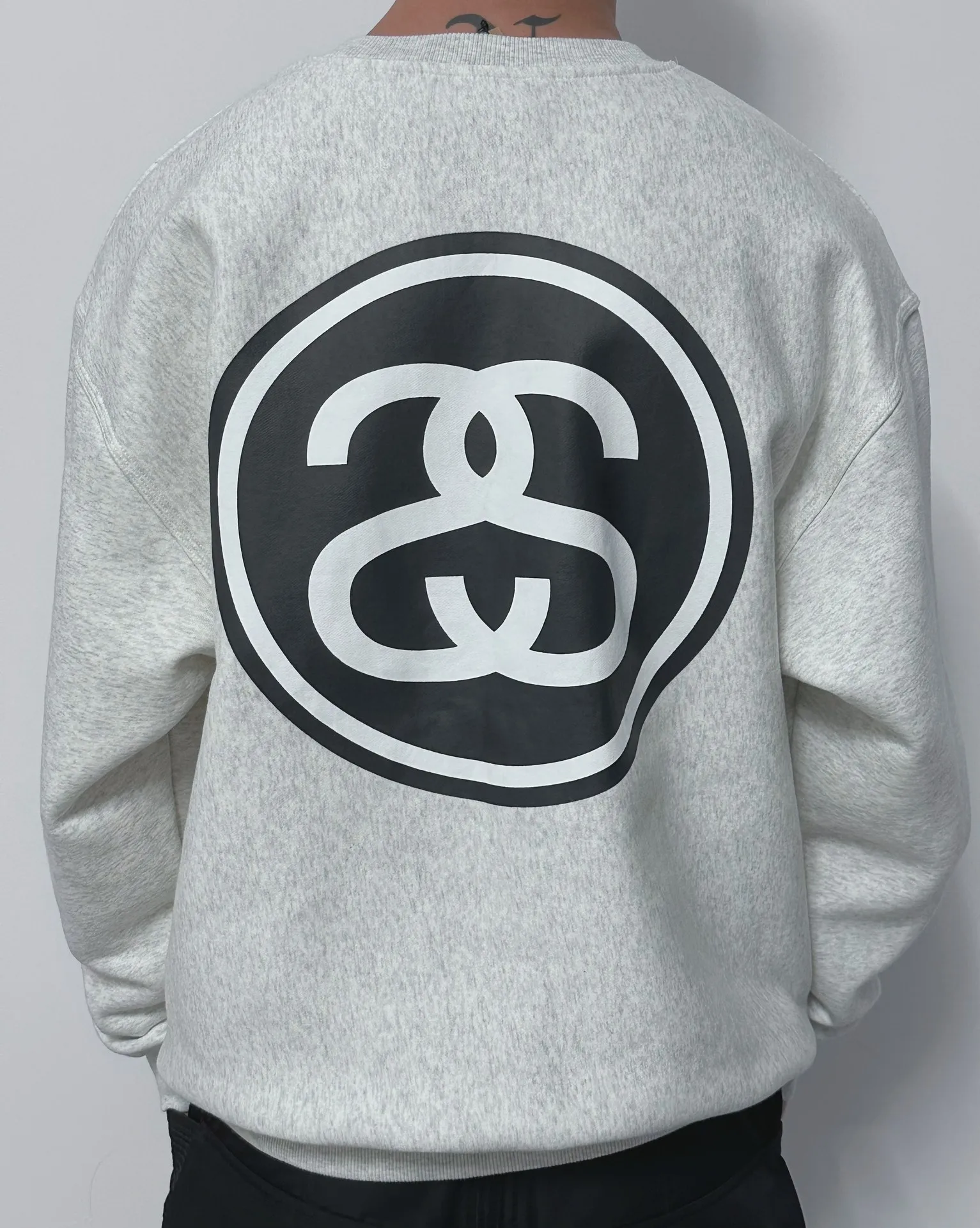 STUSSY 23FW SS-LINK CREW Double S-shaped chain printed pattern round neck sweatshirt, same style for men and women, black light gray S-XL