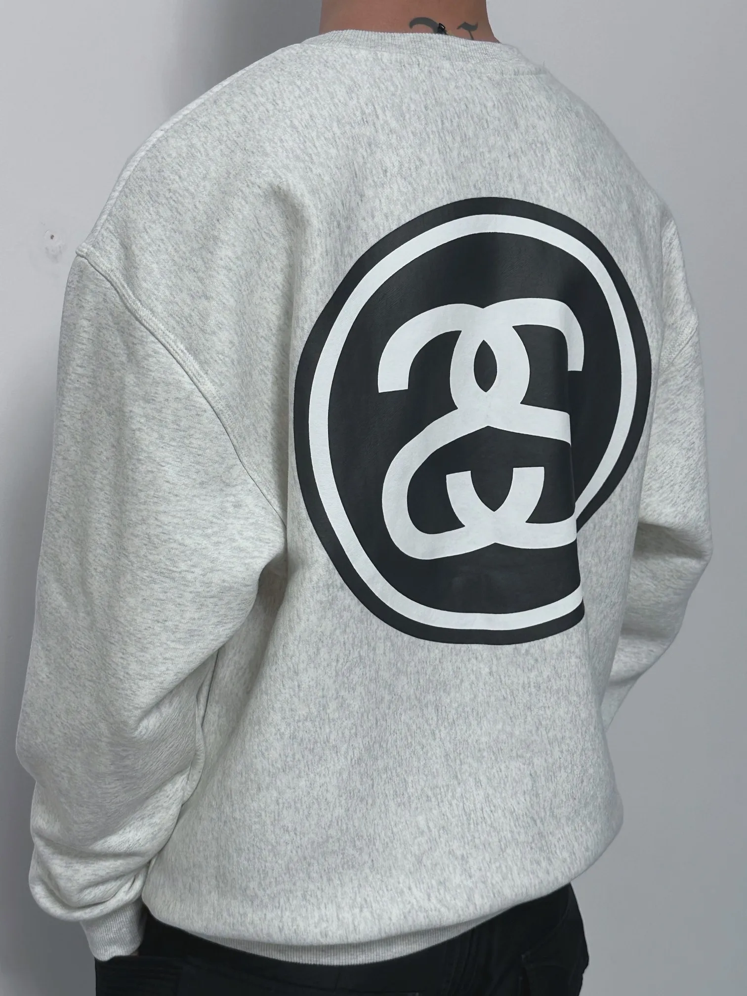 STUSSY 23FW SS-LINK CREW Double S-shaped chain printed pattern round neck sweatshirt, same style for men and women, black light gray S-XL