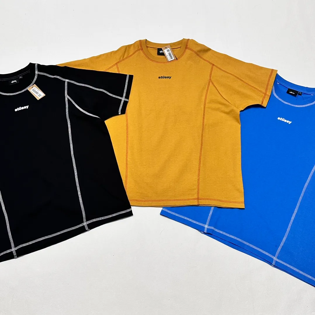 STUSSY SS24 WAVE COTTON CREW TEE Top-stitched Micro Label T-shirt Black Blue Mustard Yellow S-XL Original Same 240g Weight