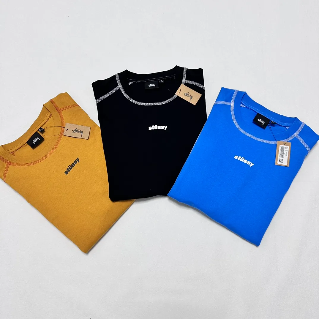 STUSSY SS24 WAVE COTTON CREW TEE Top-stitched Micro Label T-shirt Black Blue Mustard Yellow S-XL Original Same 240g Weight