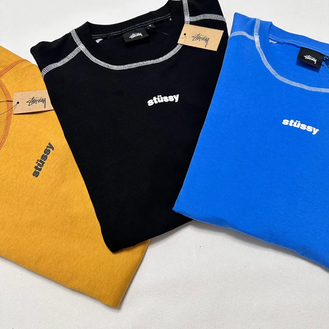 STUSSY SS24 WAVE COTTON CREW TEE Top-stitched Micro Label T-shirt Black Blue Mustard Yellow S-XL Original Same 240g Weight