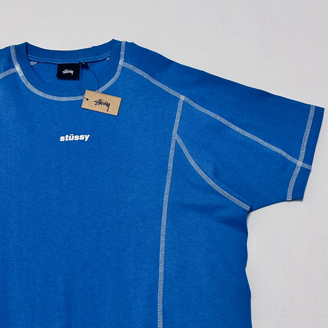 STUSSY SS24 WAVE COTTON CREW TEE Top-stitched Micro Label T-shirt Black Blue Mustard Yellow S-XL Original Same 240g Weight