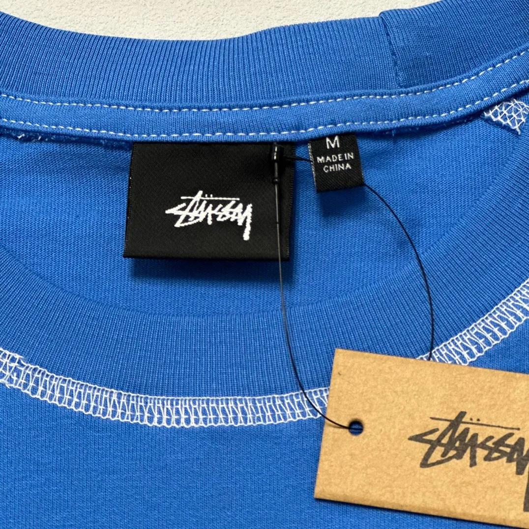 STUSSY SS24 WAVE COTTON CREW TEE Top-stitched Micro Label T-shirt Black Blue Mustard Yellow S-XL Original Same 240g Weight