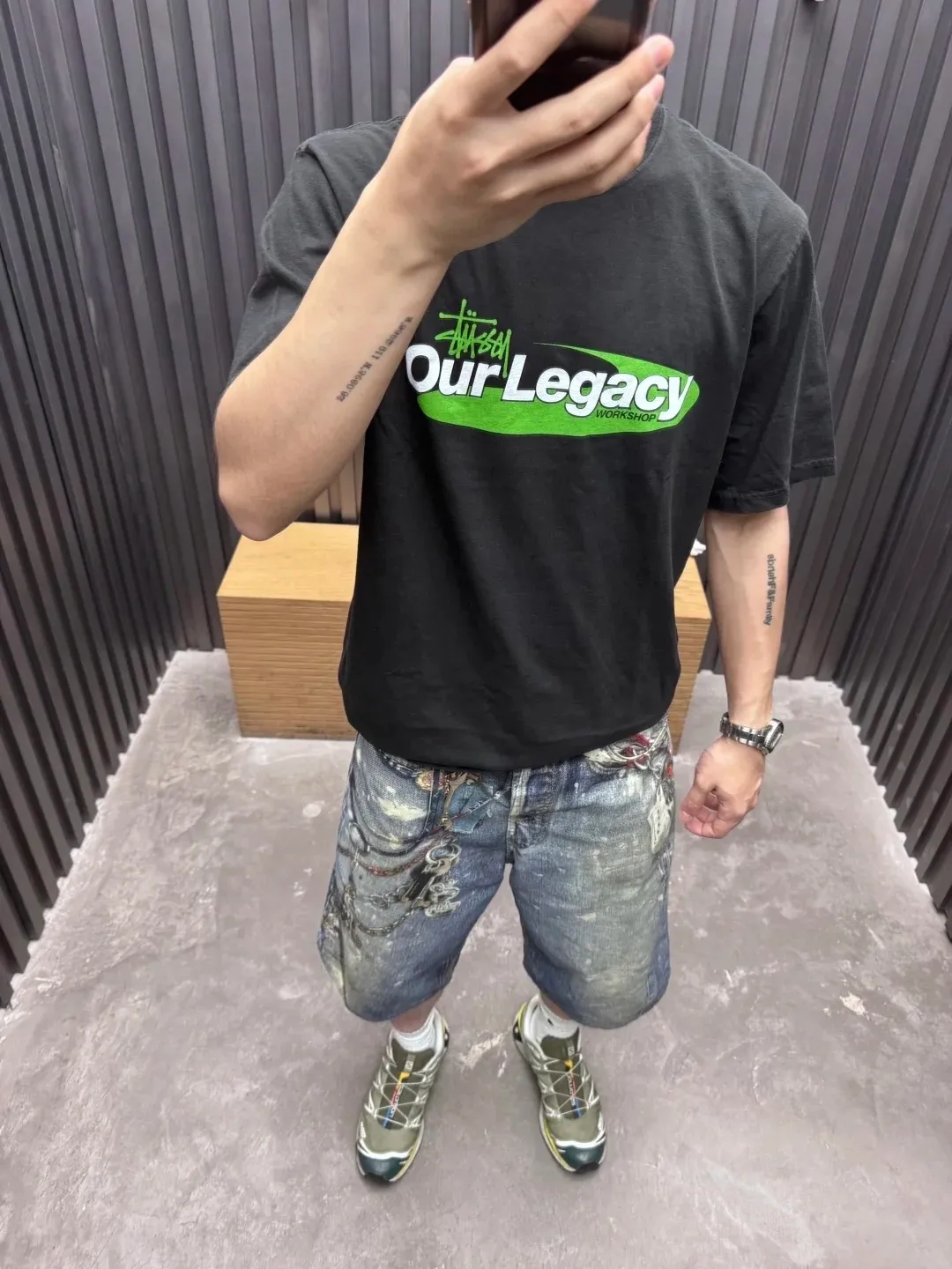 OL joint T-shirt STUSSY x OUR LEGACY joint model SS25 WORK SHOP SWIRL TEE PIGMENT DYED printed short-sleeved TEE off-white black S- XL