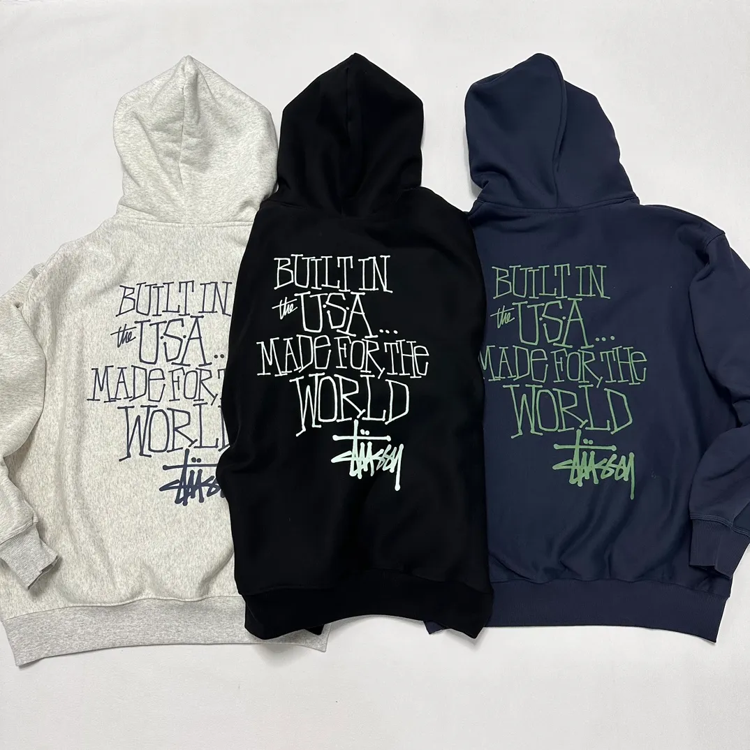 Graffiti word sweatshirt Stussy FW24 BUILT IN USA HOODIE English logo on the back plus velvet hooded sweatshirt/hoodie black gray dark blue S-XL