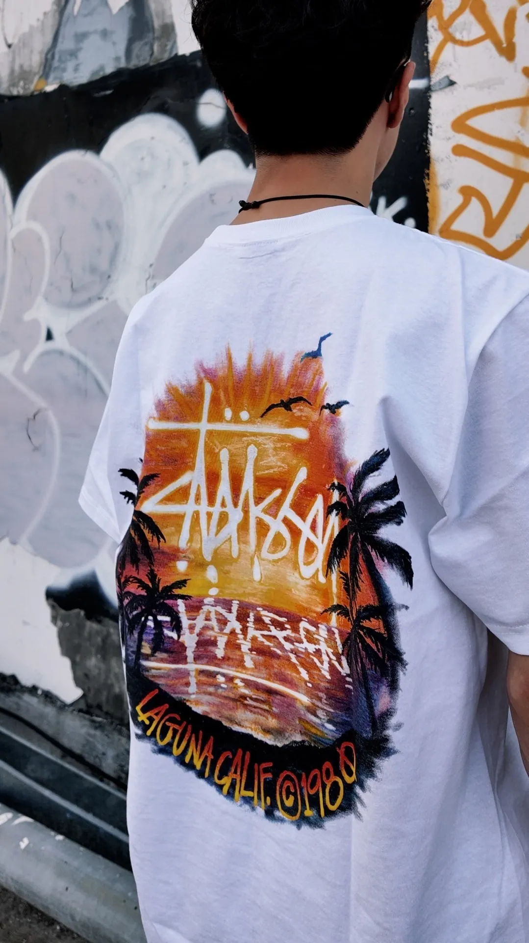 STUSSY SS24 SUNSET TEE Sunset Coconut Beach View T-shirt Black and White S-XL
