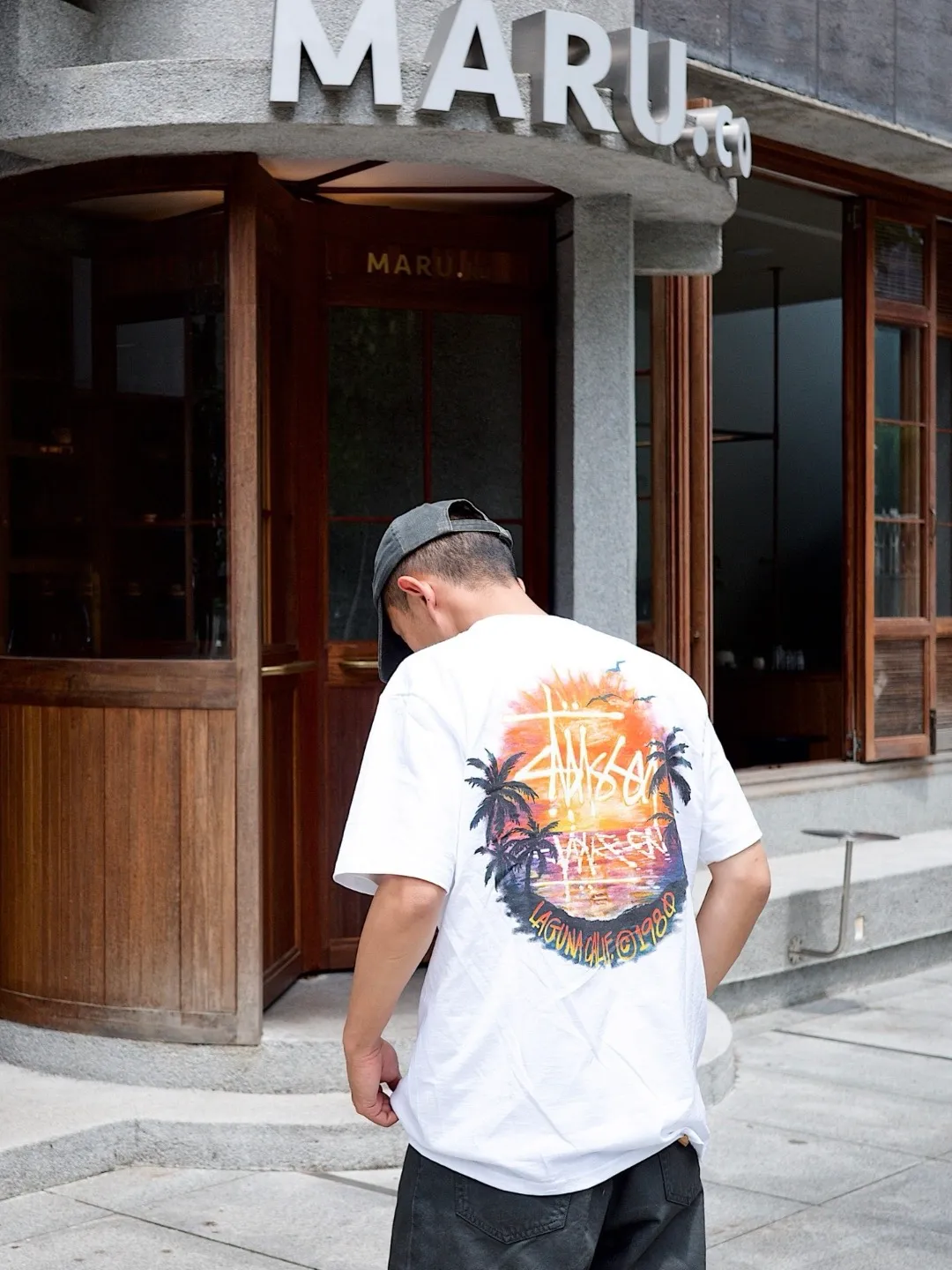 STUSSY SS24 SUNSET TEE Sunset Coconut Beach View T-shirt Black and White S-XL