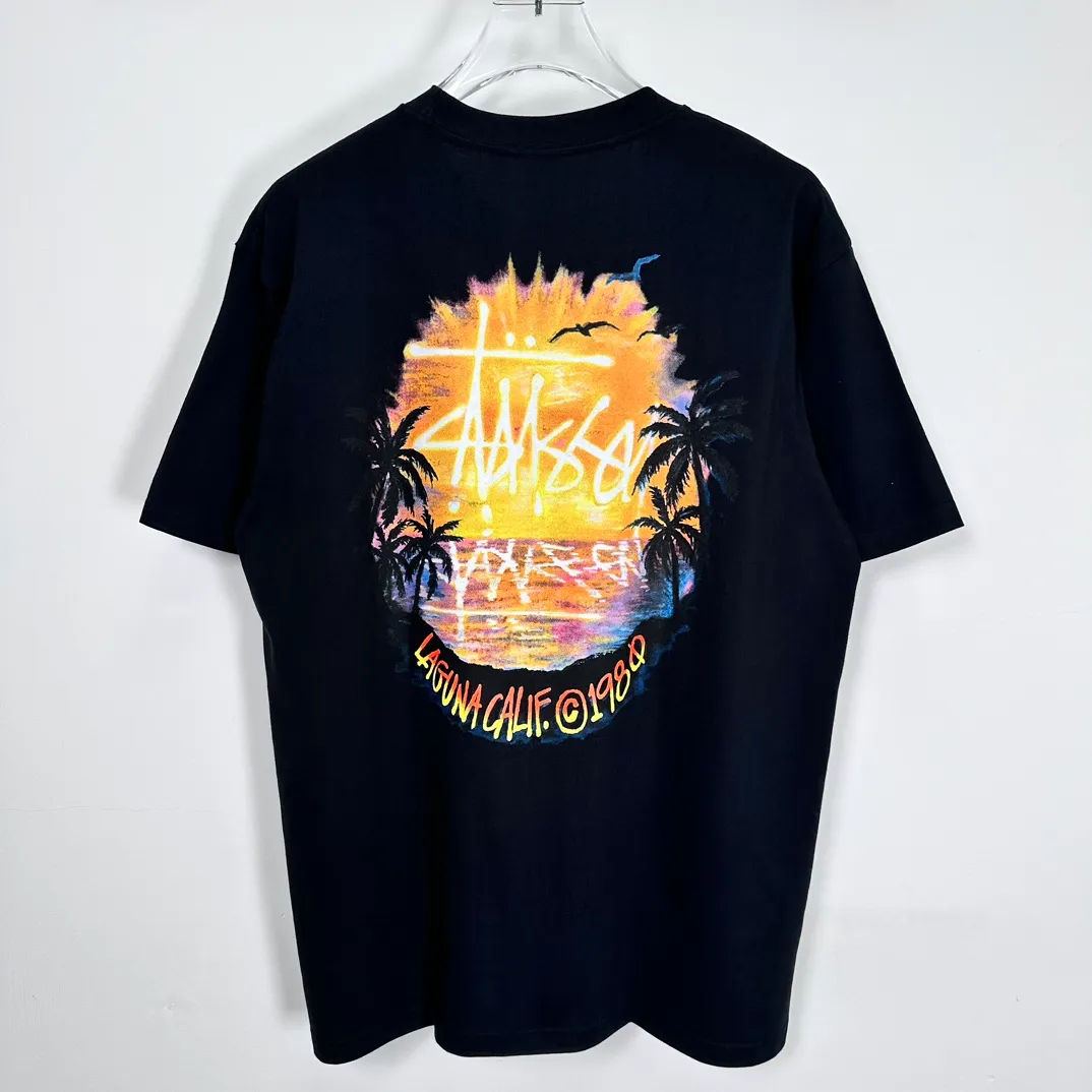 STUSSY SS24 SUNSET TEE Sunset Coconut Beach View T-shirt Black and White S-XL