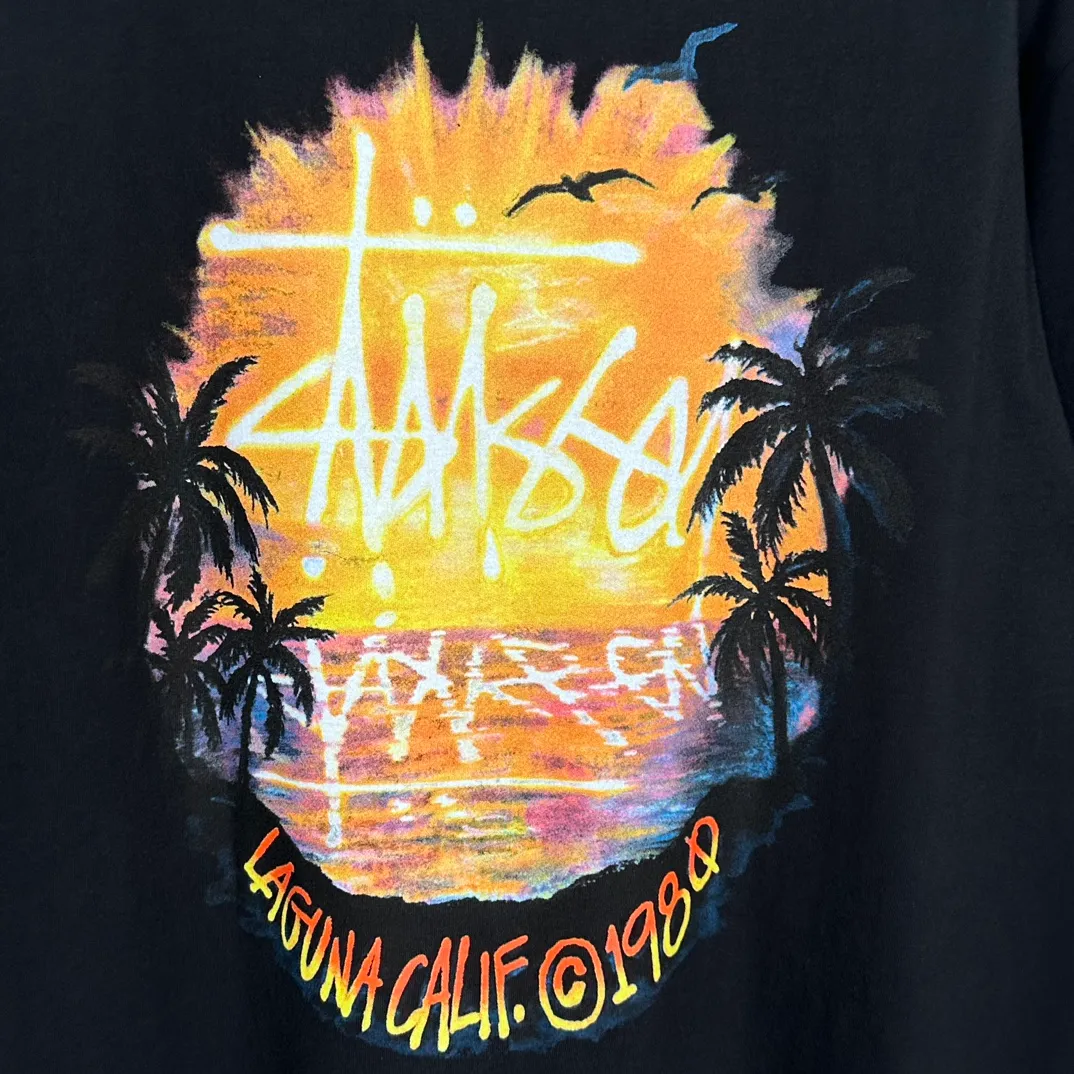 STUSSY SS24 SUNSET TEE Sunset Coconut Beach View T-shirt Black and White S-XL