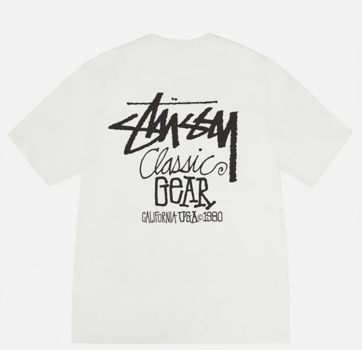 Retro lettering T-shirt STUSSY SS25 CLASSIC GEAR TEE PIGMENT DYED Classic lettering printed short sleeves black off-white S- XL