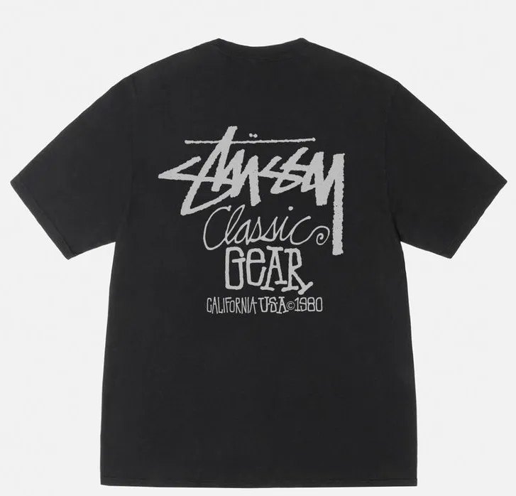 Retro lettering T-shirt STUSSY SS25 CLASSIC GEAR TEE PIGMENT DYED Classic lettering printed short sleeves black off-white S- XL