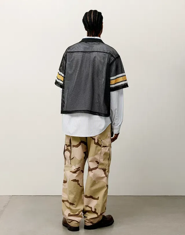 Mesh V-neck T-shirt Stussy SS25 STÜSSY INTERNATIONAL TEAM JERSEY V-neck mesh retro letter short sleeves black and white S-XL