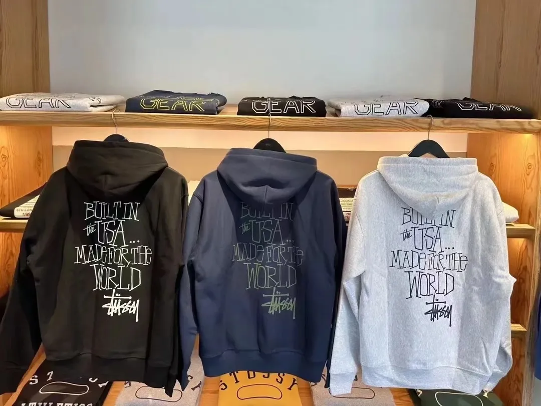 Graffiti word sweatshirt Stussy FW24 BUILT IN USA HOODIE English logo on the back plus velvet hooded sweatshirt/hoodie black gray blue S-XL