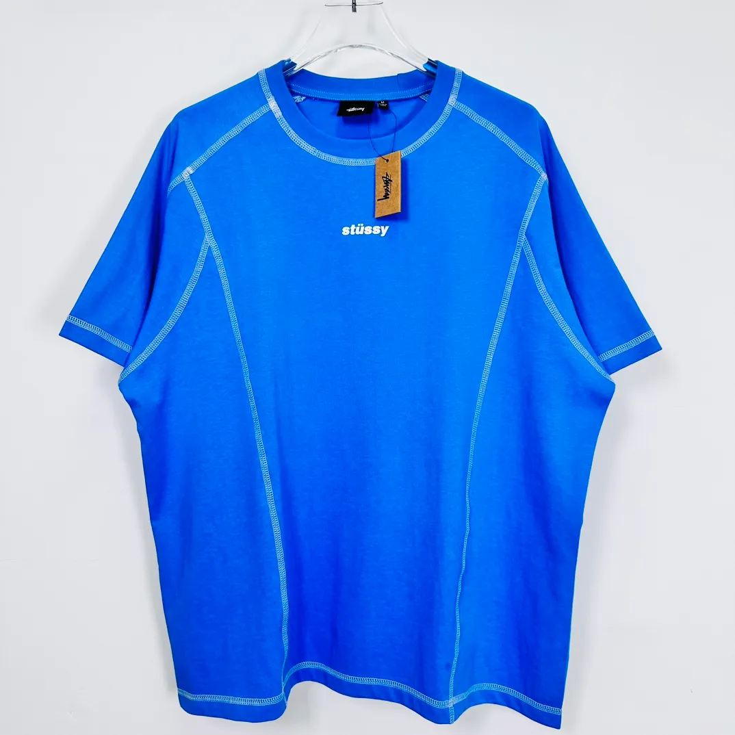 STUSSY SS24 WAVE COTTON CREW TEE Top-stitched Micro Label T-shirt Black Blue Mustard Yellow S-XL Original Same 240g Weight