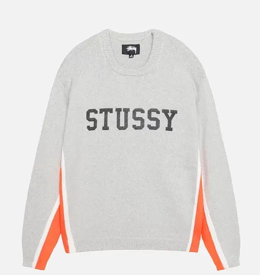Contrast color patchwork sweater STUSSY FW24 STRIPE CREW Holiday series jacquard knitted crew neck sweater carbon black M gray M-XL