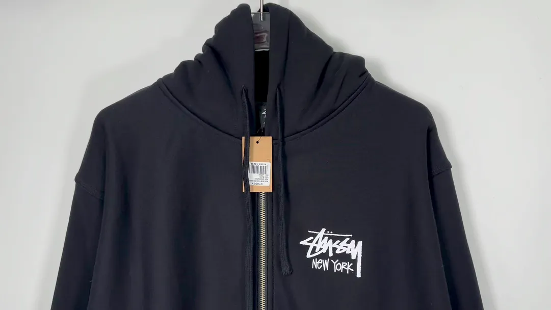 Stussy City Limited Series New York Letter Logo Printed Velvet Zipper Hooded Sweatshirt Black S-XXL