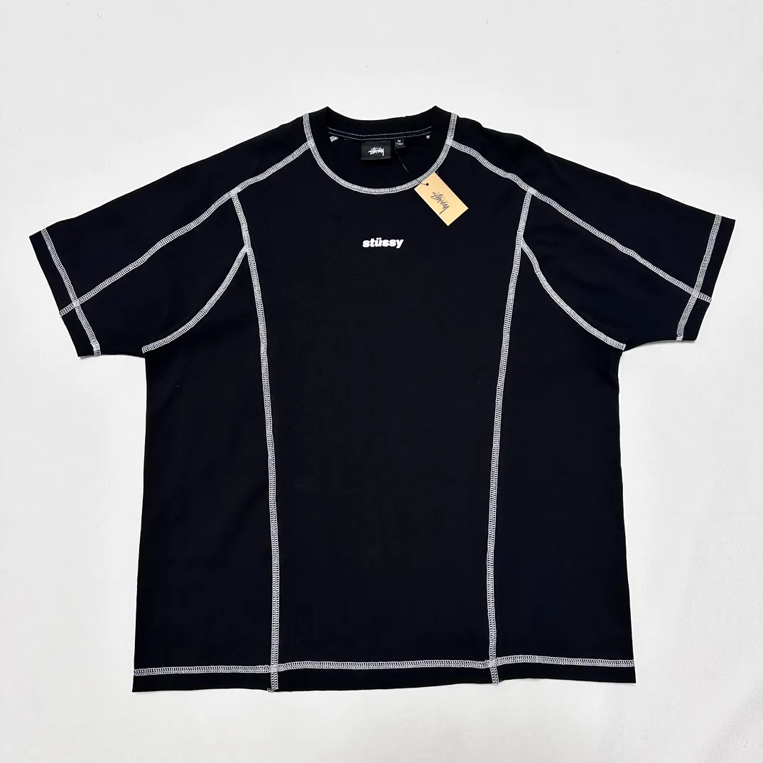 STUSSY SS24 WAVE COTTON CREW TEE Top-stitched Micro Label T-shirt Black Blue Mustard Yellow S-XL Original Same 240g Weight