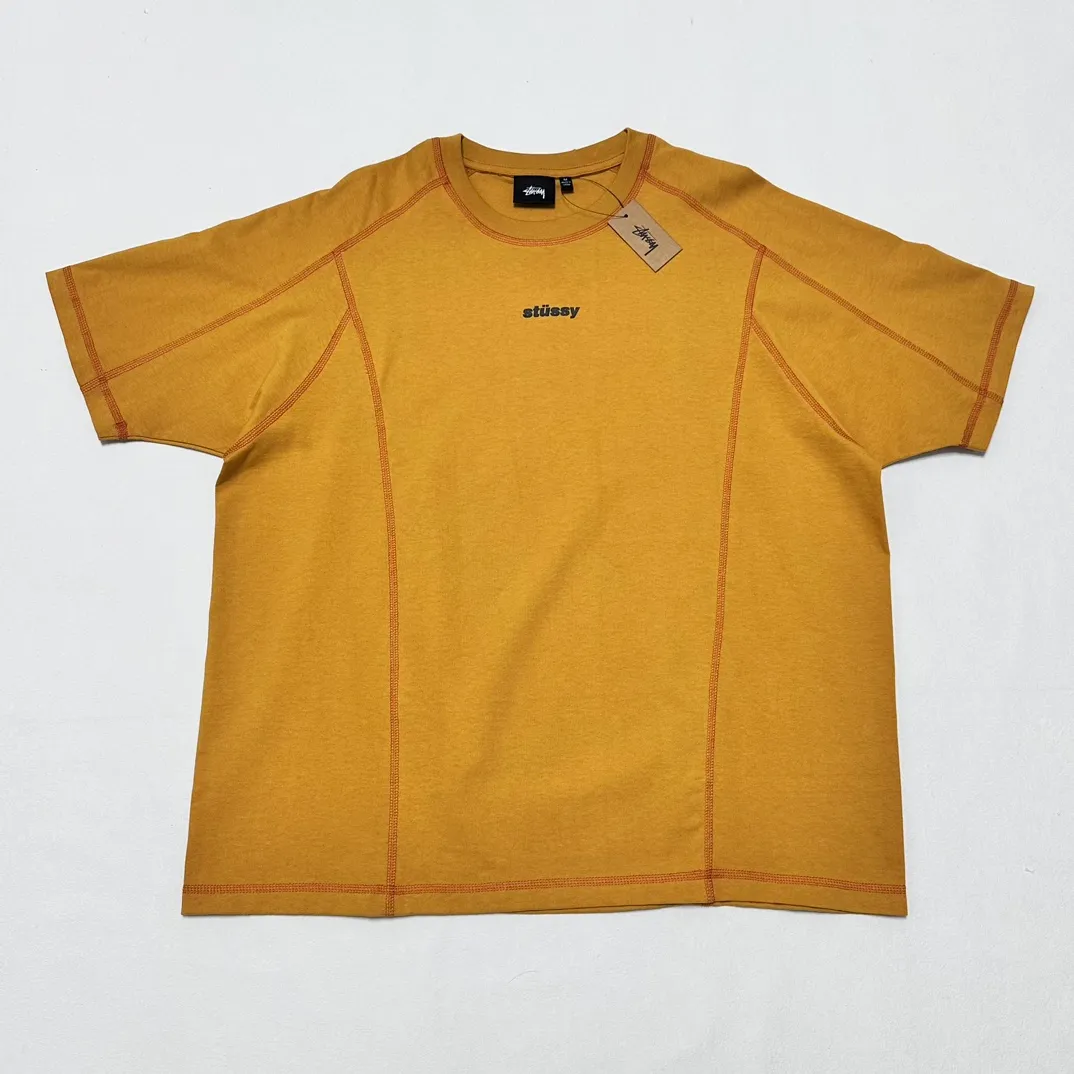 STUSSY SS24 WAVE COTTON CREW TEE Top-stitched Micro Label T-shirt Black Blue Mustard Yellow S-XL Original Same 240g Weight
