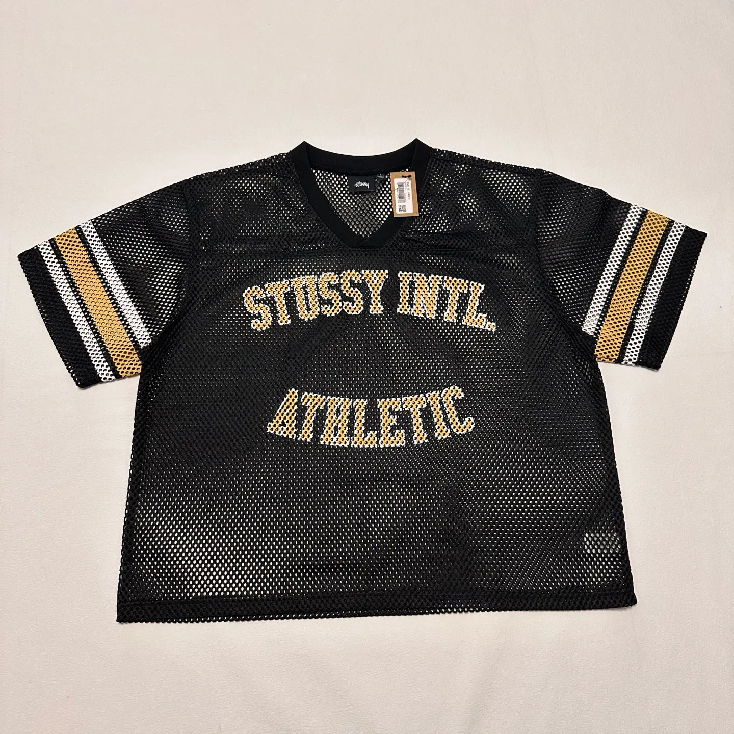 Mesh V-neck T-shirt Stussy SS25 STÜSSY INTERNATIONAL TEAM JERSEY V-neck mesh retro letter short sleeves black and white S-XL