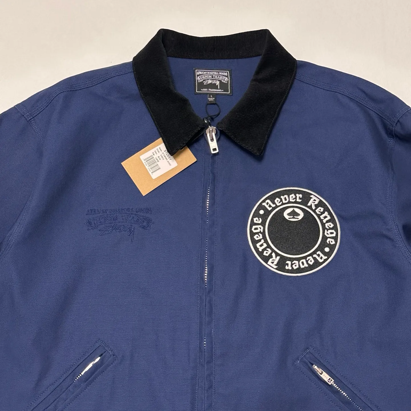 Detailed shooting of DT jacket STUSSY X DENIM TEARS joint model CANVAS JACKET zipper work jacket navy blue S- XL