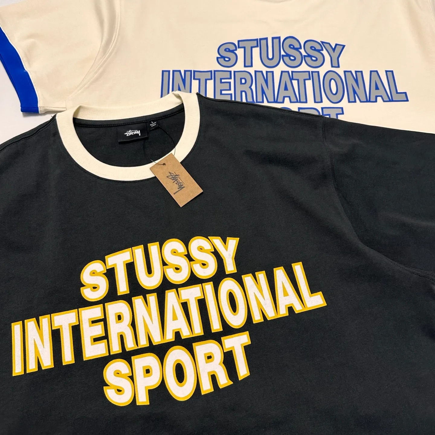 Detailed shooting of contrast collar T-shirt STUSSY SS25 HEAVY JERSEY CREW high weight knitted sports short sleeves washed black and off-white S- XL