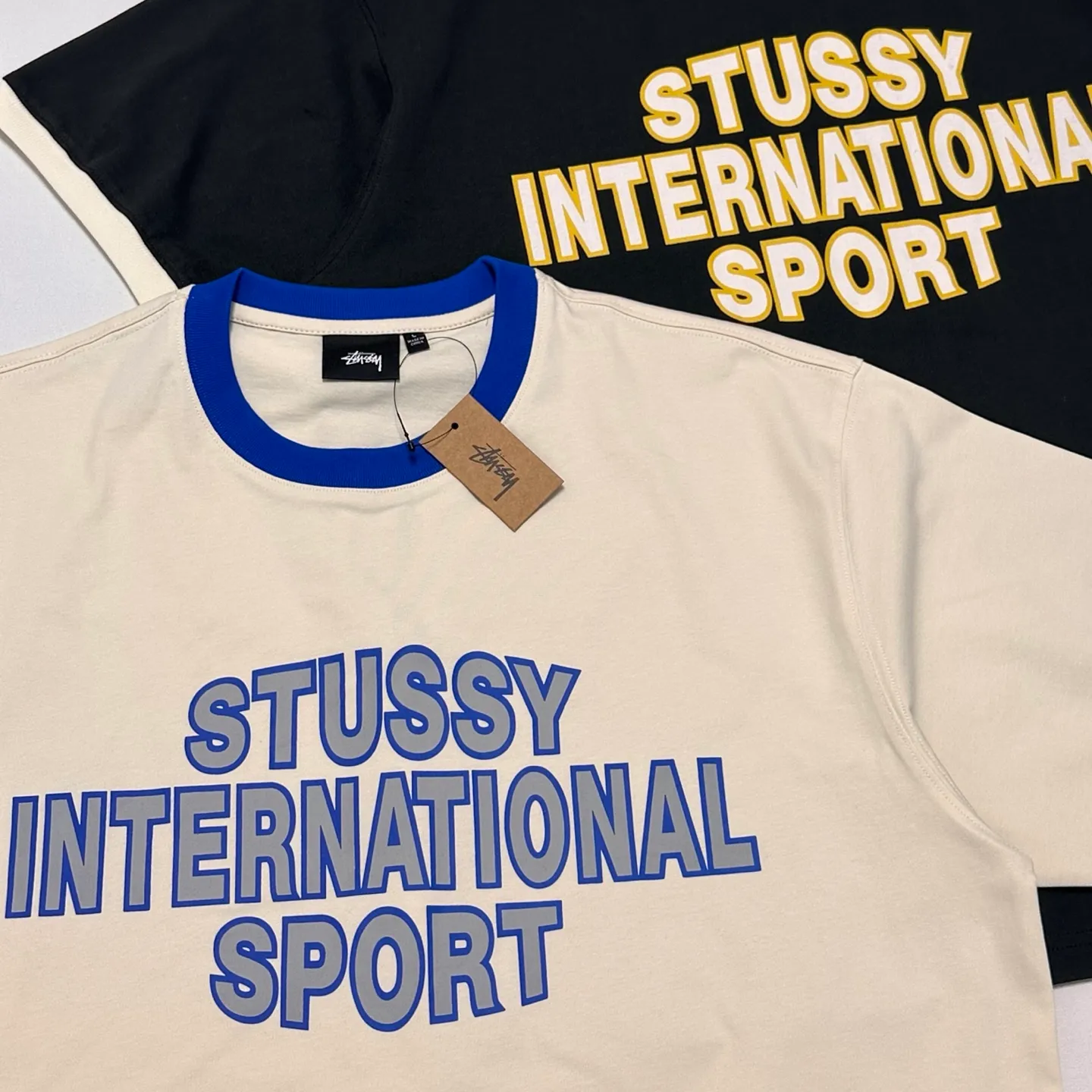 Detailed shooting of contrast collar T-shirt STUSSY SS25 HEAVY JERSEY CREW high weight knitted sports short sleeves washed black and off-white S- XL