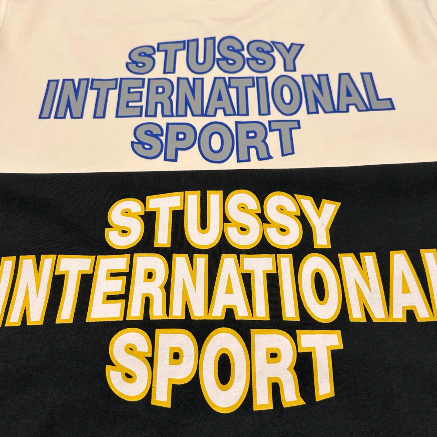 Detailed shooting of contrast collar T-shirt STUSSY SS25 HEAVY JERSEY CREW high weight knitted sports short sleeves washed black and off-white S- XL
