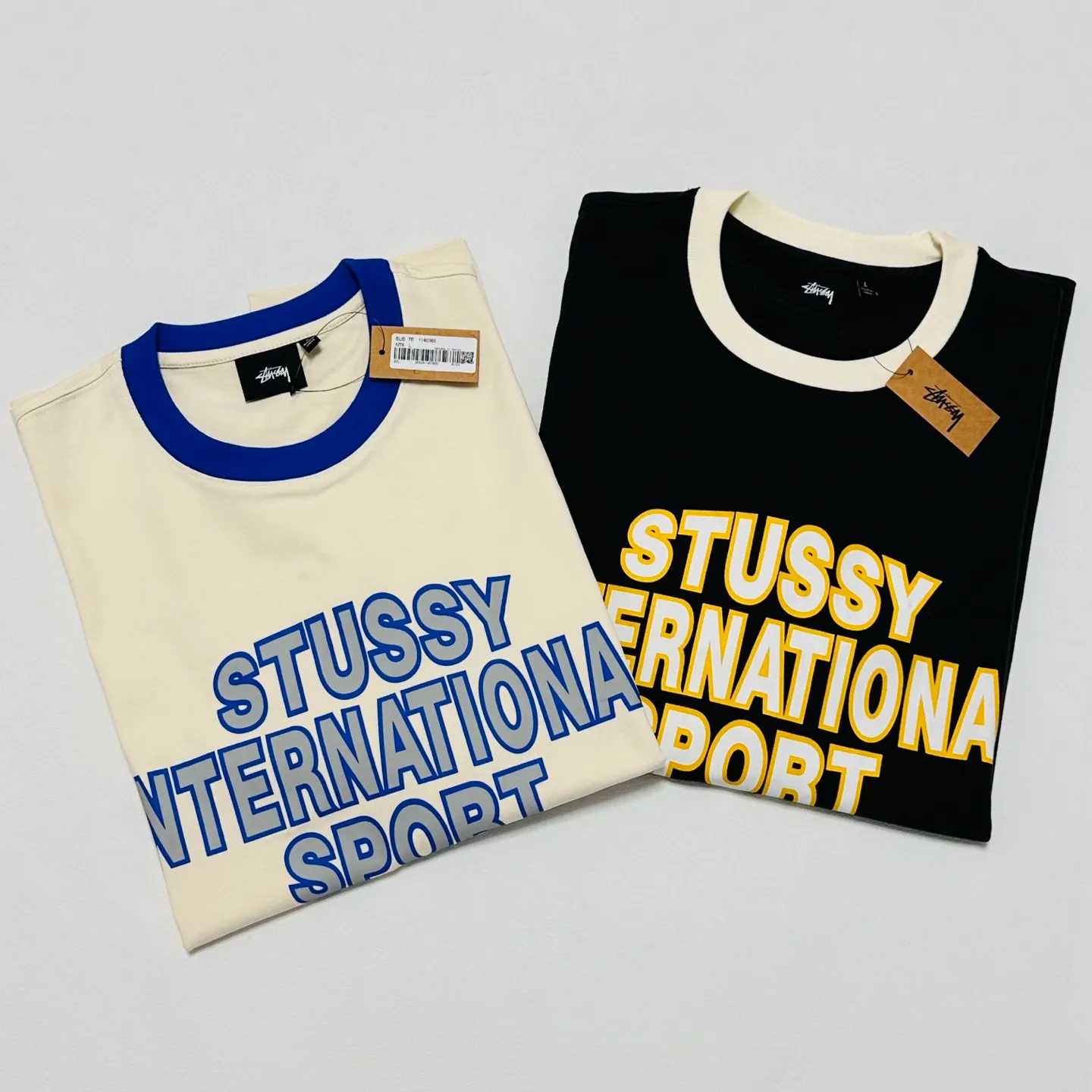 Detailed shooting of contrast collar T-shirt STUSSY SS25 HEAVY JERSEY CREW high weight knitted sports short sleeves washed black and off-white S- XL