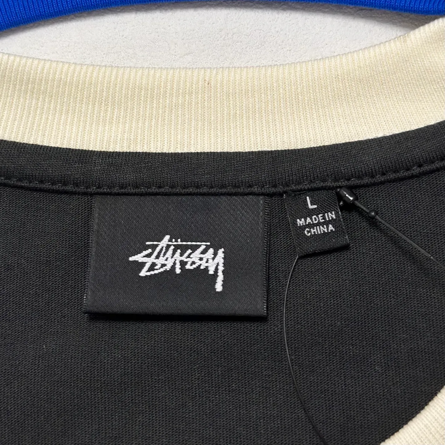 Detailed shooting of contrast collar T-shirt STUSSY SS25 HEAVY JERSEY CREW high weight knitted sports short sleeves washed black and off-white S- XL