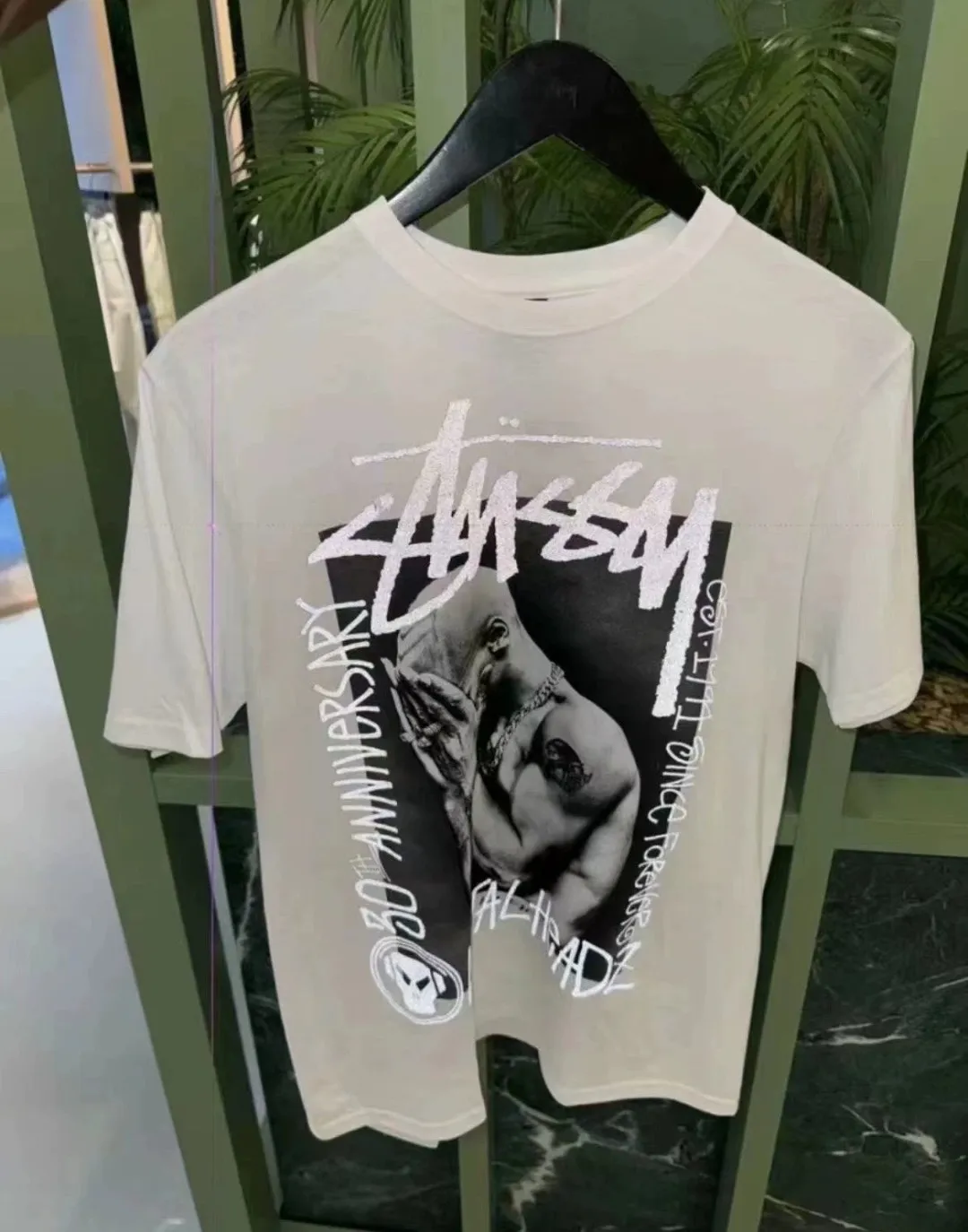 Official website picture reflective effect STUSSY x GOLDIE METALHEADZ SS24 joint model TEE 3M reflective black band character T-shirt white S-XL
