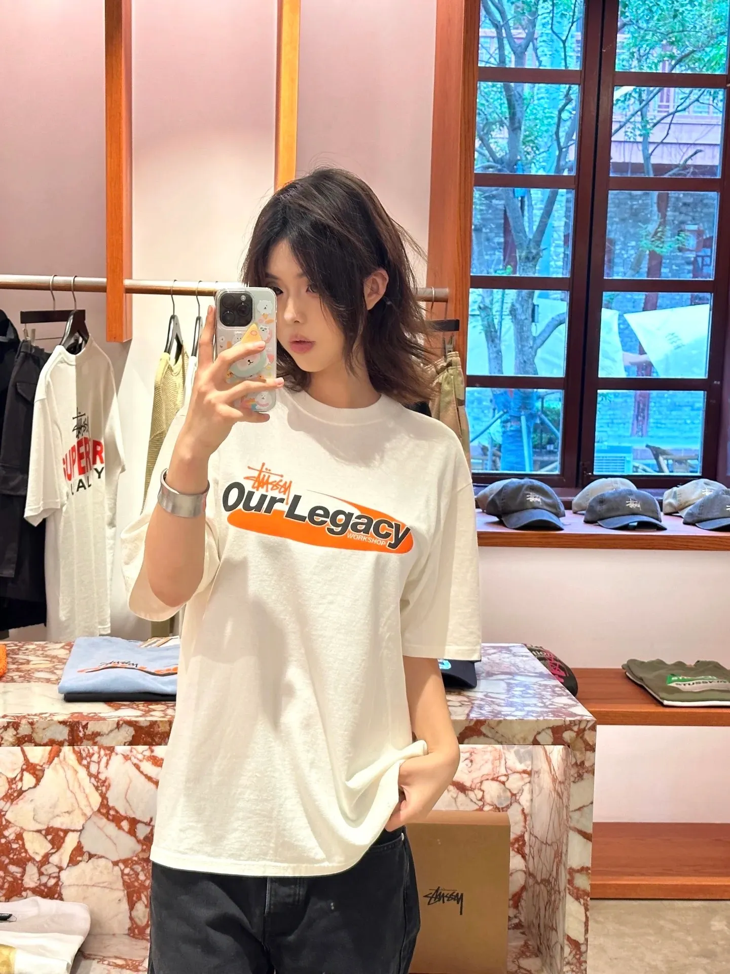 OL joint T-shirt STUSSY x OUR LEGACY joint model SS25 WORK SHOP SWIRL TEE PIGMENT DYED printed short-sleeved TEE off-white black S- XL