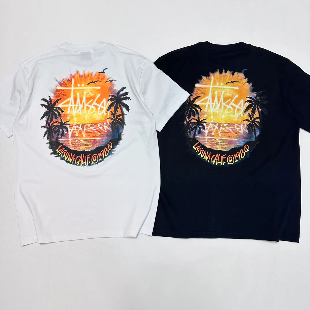 STUSSY SS24 SUNSET TEE Sunset Coconut Beach View T-shirt Black and White S-XL