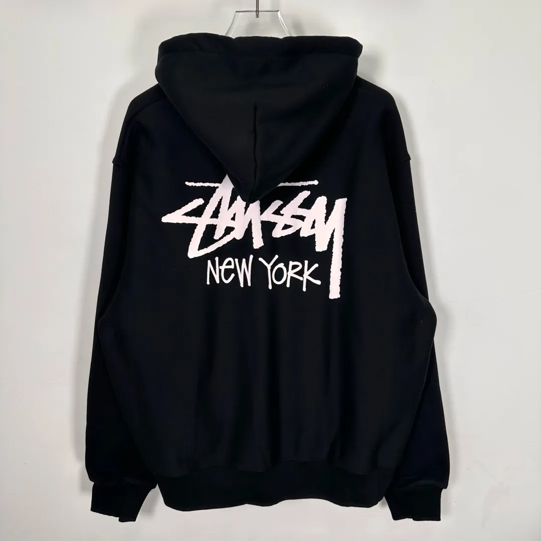 Stussy City Limited Series New York Letter Logo Printed Velvet Zipper Hooded Sweatshirt Black S-XXL