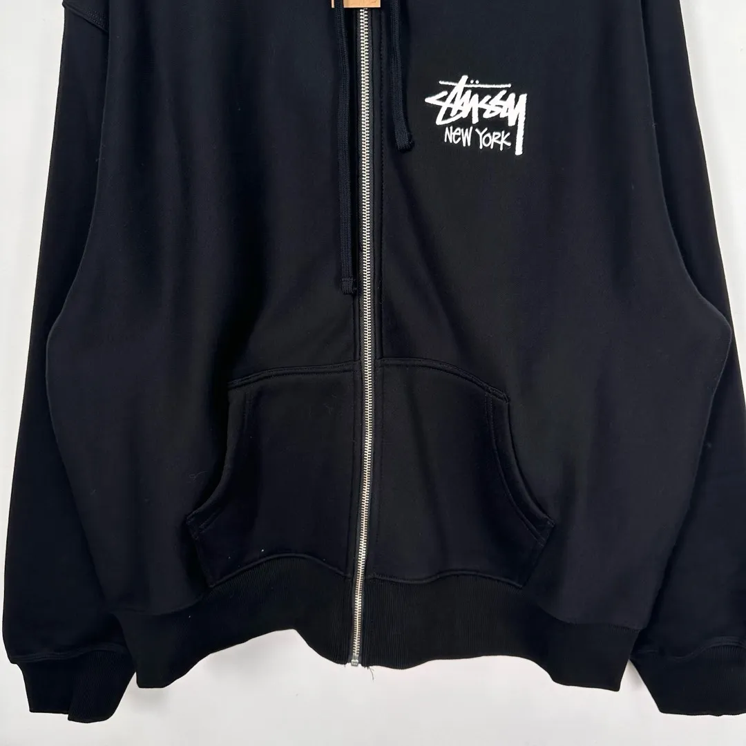 Stussy City Limited Series New York Letter Logo Printed Velvet Zipper Hooded Sweatshirt Black S-XXL