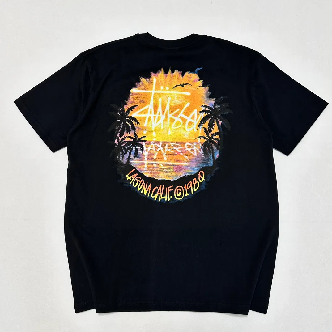 STUSSY SS24 SUNSET TEE Sunset Coconut Beach View T-shirt Black and White S-XL
