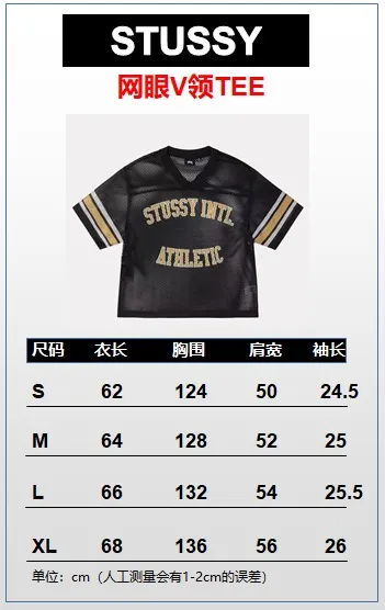 Size chart Mesh V-neck T-shirt Stussy SS25 STÜSSY INTERNATIONAL TEAM JERSEY V-neck mesh retro letter short sleeves Black and White S-XL